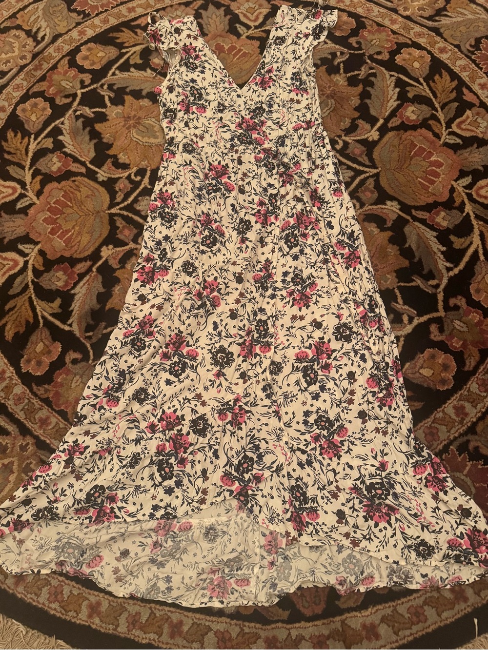 Floral V-Neck Midi Skirt Dress - Cream with Pink & Black Floral